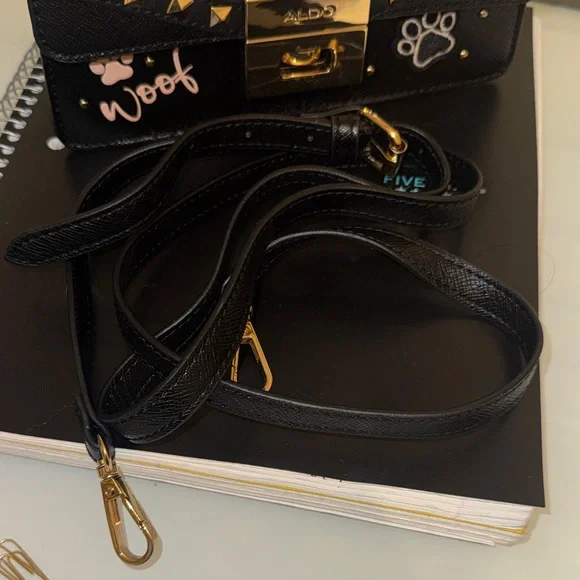 Aldo Black & Pink Dog Motif Top-Handle Satchel with Pom - Picture 3 of 10